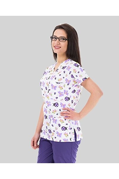 Moodamedikal Cerrahi Tek Üst Forma - Mor Renkli Uğur Böcek Desenli