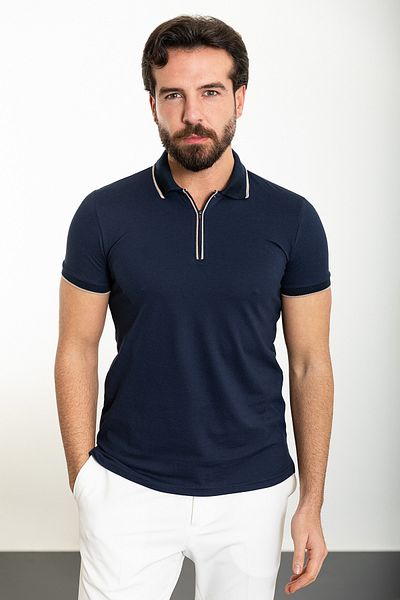 Mcr Plain Slim Fit Zippered Polo Neck Men's T-Shirt Navy Blue - 36808.24Y