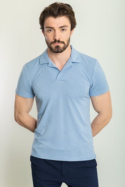 Mcr Checkered Patterned Slim Fit Lapel Collar Men's T-Shirt Blue - 36788.23Y
