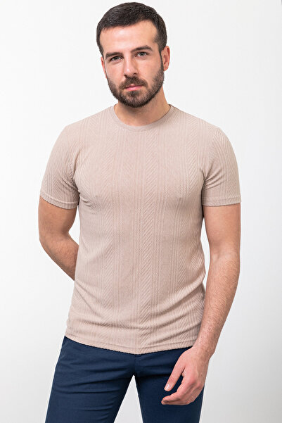 Mcr Ανδρικό μπλουζάκι με ριγέ σχέδιο Slim Fit Crew Neck Beige - 36791.23Y