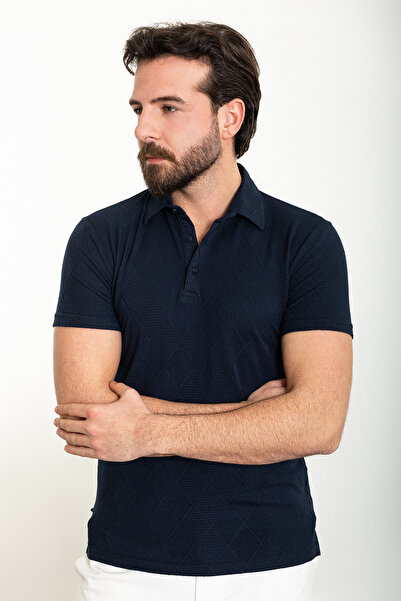 Mcr Patterned Slim Fit Polo Neck Men's T-Shirt Navy Blue - 36812.24Y