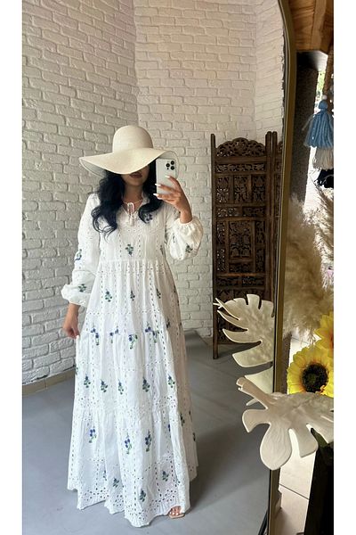 moneta boutique White Floral Patterned Women's Long Scallop Dress