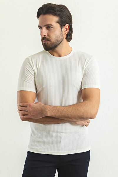 Mcr Ανδρικό μπλουζάκι με ριγέ λεπτή εφαρμογή Crew Neck Ecru - 36787.23Y