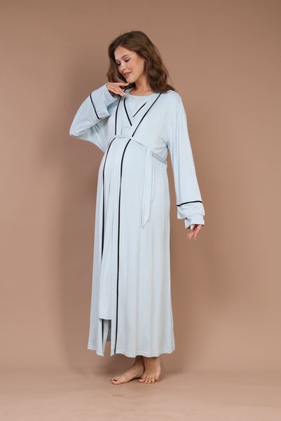 Generic Brand Women's Piping Special Design Long Sleeve Maternity-Pregnant Nightgown Set with Dressing Gown