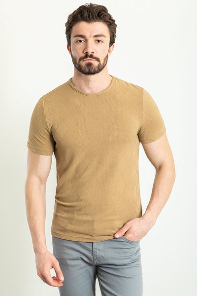 Mcr Checkered Patterned Slim Fit Crew Neck Men's T-Shirt Beige - 36789.23Y