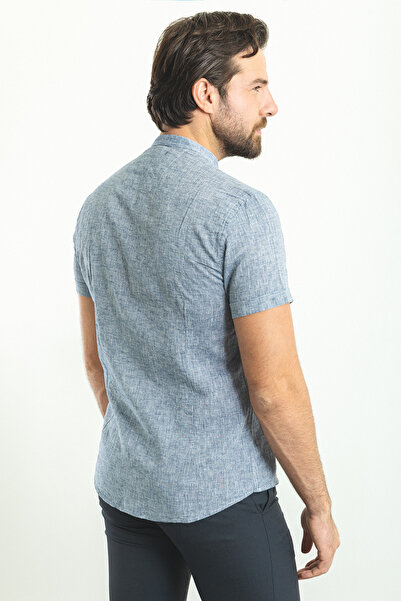 Mcr Gray Slim Fit Judge Collar Short Sleeve Linen Men's Shirt Light Navy Blue - 37749.23Y