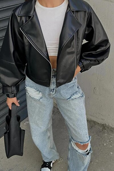 Jaglion Velisse Oversize Жіноча чорна куртка-бомбер зі шкіри з балонними рукавами