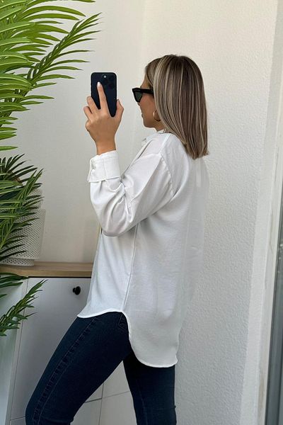 Kubos Moda Cămașă albă din in, cu mânecă lungă, brodata cu pisici