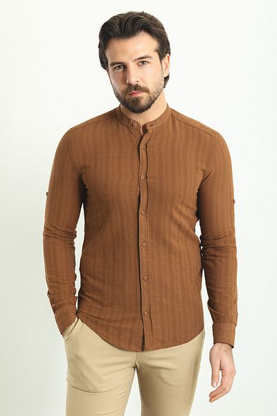 Mcr Stripe Patterned Slim Fit Judge Collar Long Sleeve Men's Shirt Light Brown - 37746.23Y