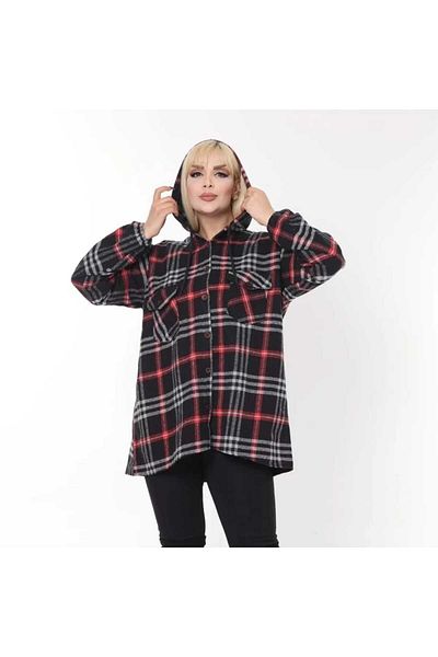 BİrHoşButik Plus Size Hooded Cotton Lumberjack Shirt - Elastic Sleeve and Buttoned Pocket