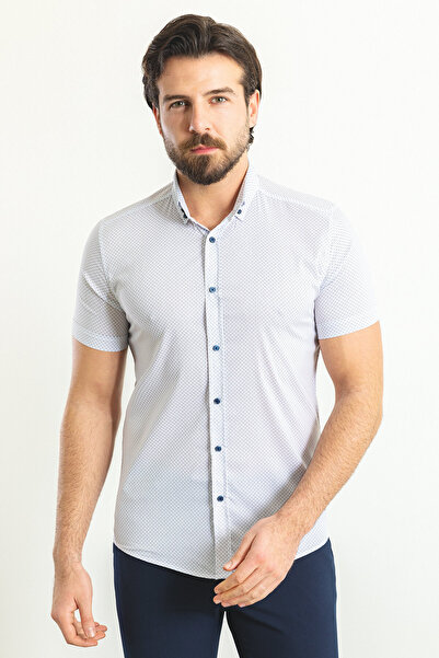 Mcr Ανδρικό πουκάμισο με σχέδια Slim Fit κοντομάνικο λευκό - 37752.23Y