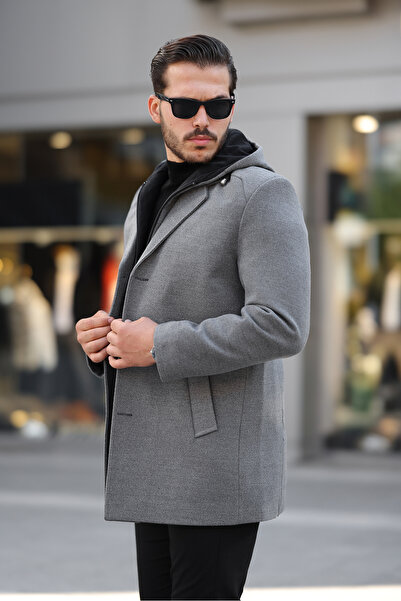 Jaglion Men's Buttoned Long Hooded Gray Stamp Coat