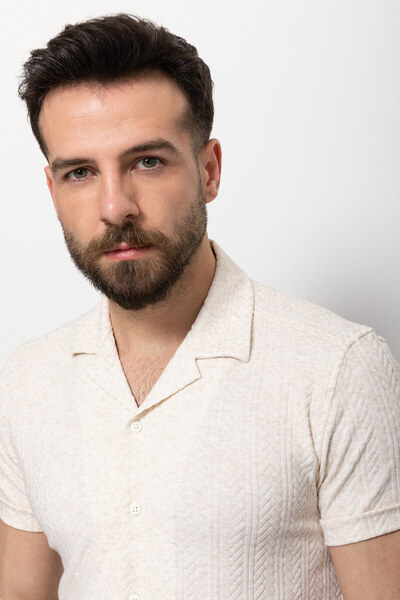 Mcr Ανδρικό πουκάμισο με μοτίβο Slim Fit με κοντό μανίκι με γιακά μπεζ - 37611.22Y