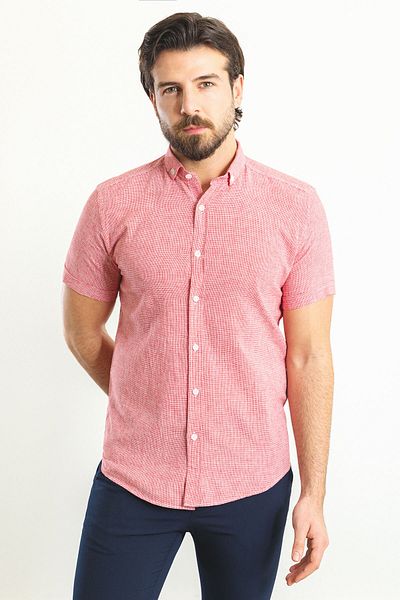 Mcr Checkered Slim Fit Short Sleeve Linen Men's Shirt Burgundy - 37766.23Y