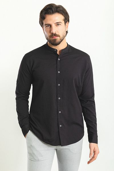 Mcr Patterned Slim Fit Judge Collar Long Sleeve Men's Shirt Black - 37768.23Y