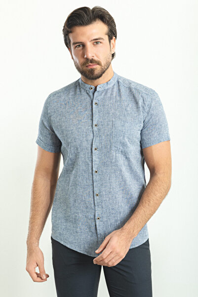 Mcr Gray Slim Fit Judge Collar Short Sleeve Linen Men's Shirt Light Navy Blue - 37749.23Y