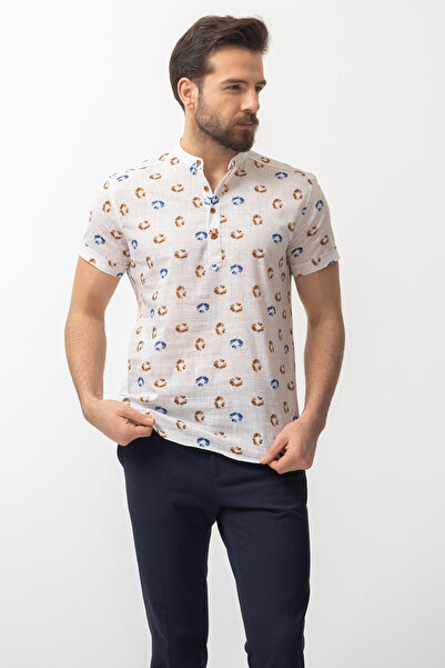 Mcr Ανδρικό πουκάμισο με μοτίβο μισό κομμένο με κοντό μανίκι, γιακάς, λευκό-καφέ - 37578.22Y