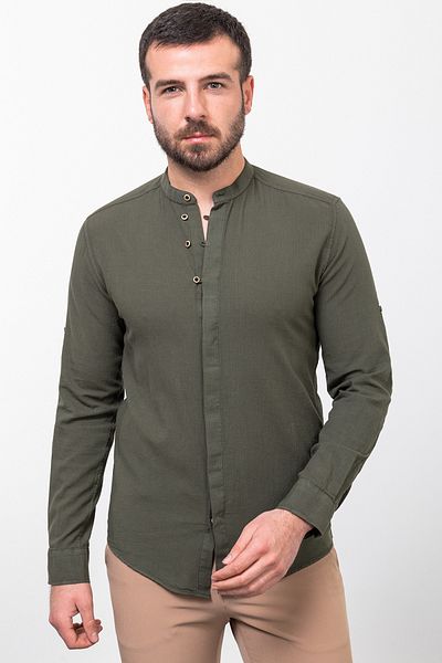 Mcr Patterned Slim Fit Judge Collar Long Sleeve Linen Men's Shirt Khaki - 37780.23Y