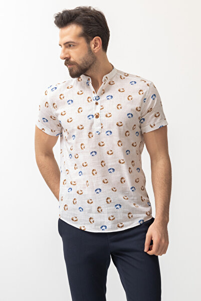 Mcr Ανδρικό πουκάμισο με μοτίβο μισό κομμένο με κοντό μανίκι, γιακάς, λευκό-καφέ - 37578.22Y