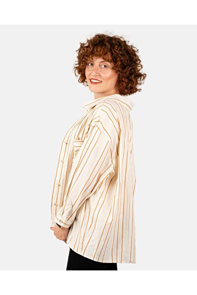 Portakal Esintisi Γυναικείο πουκάμισο εκρού με ριγέ λινό με υφή και τσέπες oversized
