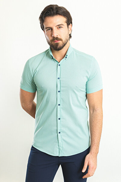 Mcr Ανδρικό πουκάμισο με σχέδια Slim Fit με κοντό μανίκι Mint Green - 37752.23Y