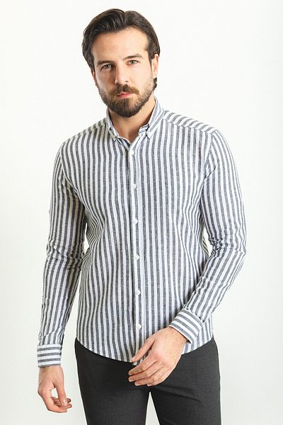 Mcr Striped Slim Fit Long Sleeve Linen Men's Shirt Black-White - 37770.23Y