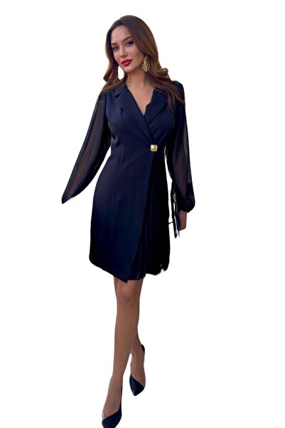 ZISHAN Ceket Yaka Gold Düğme Detaylı Piliseli Kadın Elbise 017