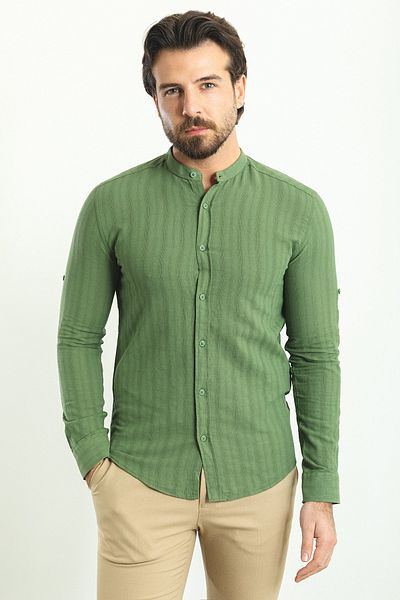 Mcr Stripe Pattern Slim Fit Judge Collar Long Sleeve Men's Shirt Green - 37746.23Y