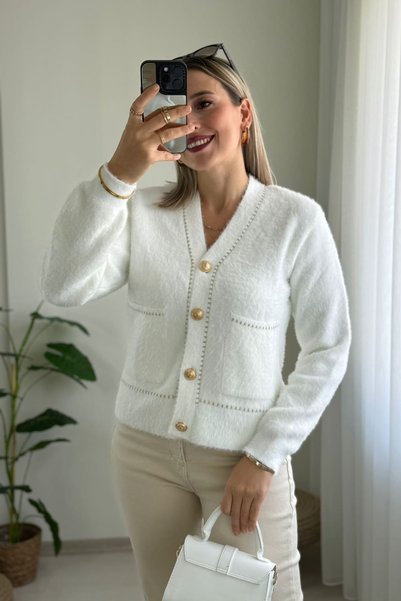 Kubos Moda White Knitwear Cardigan with Pockets and Stripe Detail