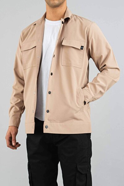 bombe Erkek Gömlek Bej Paraşüt Kumaş Rahat Kesim Mevsimlik Çıtçıt Kapamalı Kapaklı Yan Cepli Mont