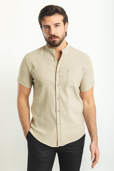 Mcr Patterned Slim Fit Judge Collar Short Sleeve Cotton Men's Shirt Stone - 37748.23Y