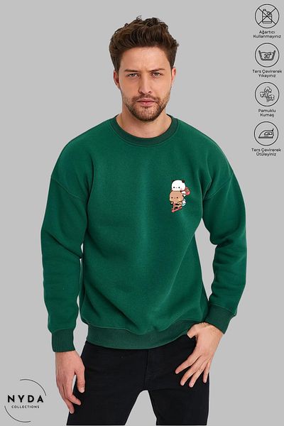 Nyda Collections Унисекс суичър с дълъг ръкав Bubu Dudu Scooter с щампа с кръгло деколте без качулка и оребрени суичъри