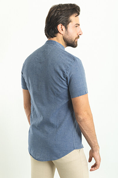 Mcr Gray Slim Fit Judge Collar Short Sleeve Linen Men's Shirt Dark Navy - 37749.23Y