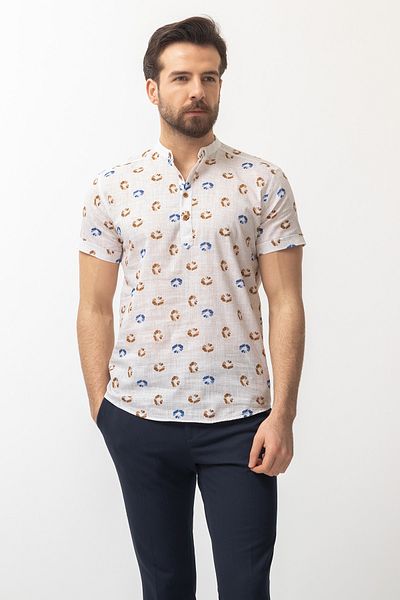 Mcr Patterned Half Patch Slim Fit Short Sleeve Judge Collar Men's Shirt White-Brown - 37578.22Y