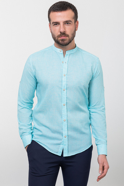 Mcr Ανδρικό λινό πουκάμισο με μοτίβο, λεπτή εφαρμογή, μακρυμάνικο, πράσινο - 37732.23Y