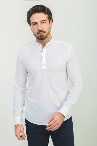 Mcr Чоловіча сорочка з довгим рукавом та візерунком, біла, з приталеним кроєм...