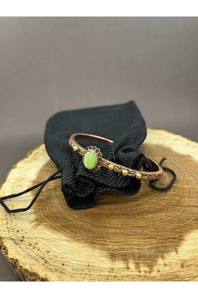 Balzamin Design Green Copper Bracelet - Handmade Adjustable Handcuffs with Natural Agate Stone Motif