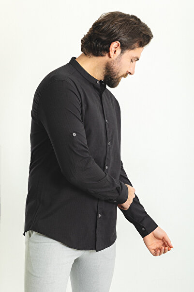 Mcr Ανδρικό πουκάμισο με μοτίβο Slim Fit με μακρυμάνικο γιακά, μαύρο - 37768.23Y