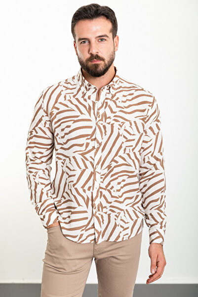 Mcr Смугаста чоловіча сорочка Slim Fit з довгими рукавами, колір камел-екрю -...