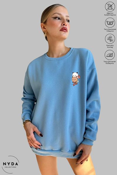 Nyda Collections Hanorac supradimensionat unisex cu mânecă lungă Bubu Dudu Scooter imprimat cu gâtul turn fără glugă