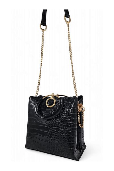 Evident Black Patent Leather Crocodile Ring Handled Chain Hand and Shoulder Women's Bag