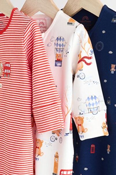 Next Baby % 100 Pamuklu Kırmızı Mavi Londra Desenli 3'lü Tulum Set