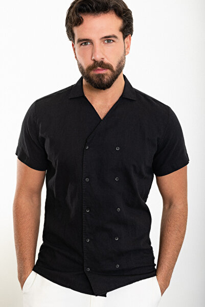 Mcr Straight Slim Fit Apache Collar Double Breasted 100% Linen Shirt Black - 37872.24Y