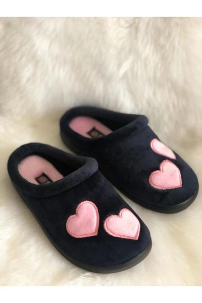GEZER Pink Navy Blue Heart Patterned Women's Winter Comfortable Sole Home Guest Slippers