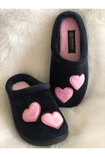 GEZER Pink Navy Blue Heart Patterned Women's Winter Comfortable Sole Home Guest Slippers
