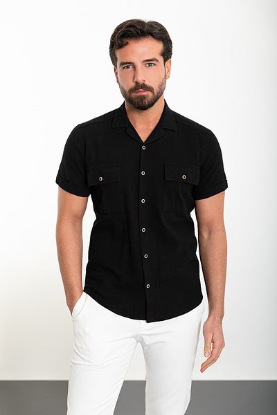Mcr Plain Slim Fit Lapel Collar Short Sleeve Linen Men's Shirt Black - 37857.24Y