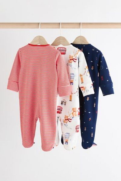 Next Baby 100% Cotton Red Blue London Patterned 3-Piece Overalls Set