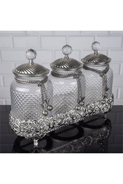 Hinora Gül Desen 3lü Cam Baharatlık Şık Mutfak Kavanoz Seti 38x14x28cm