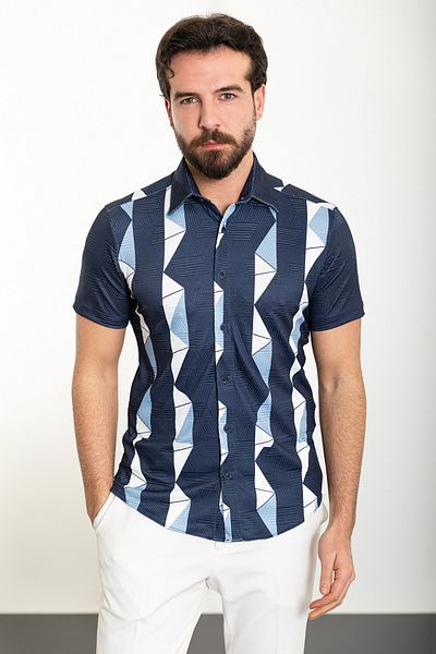 Mcr Patterned Slim Fit Short Sleeve Men's Shirt Navy Blue - 37898.24Y