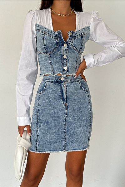 FEMELLE Fusta Denim Albastră Cămașă Crop Denim Partea Inferioară Set Două Piese